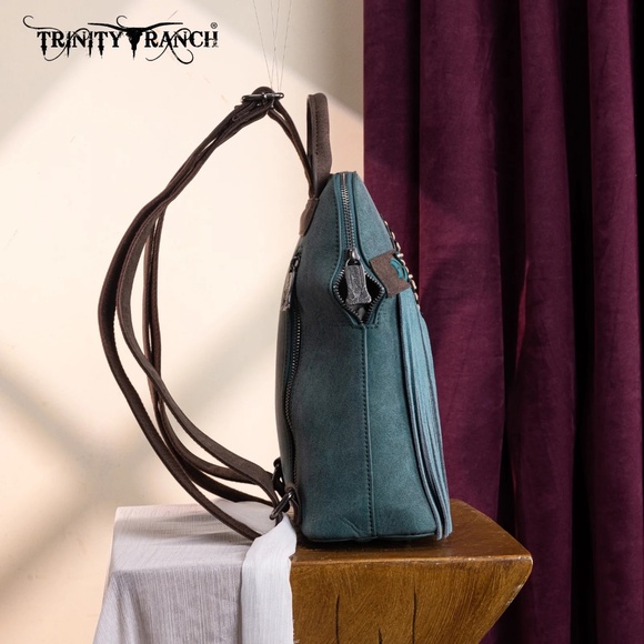 Trinity Ranch Aztec Tooled Fringe Concealed Carry Backpack Turquoise - Picture 3 of 6